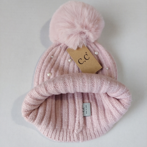 Accessories Beanie Hat Womens Pearl Knit Hat Pink Winter Hat New Faux